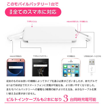 3台同時充電可能 ケーブル内蔵モバイルバッテリー 大容量 iOS/Android対応 【レビューでプレゼント】 10000mAh軽量 薄型 急速充電器 ALPHA LING w-06 スマホ iPhone アイコス iqos