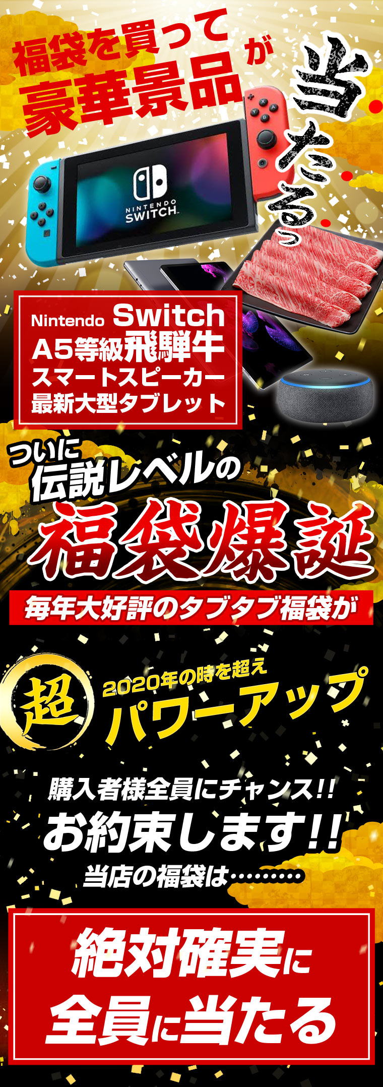 福袋2021先行販売開始豪華賞品が抽選で当たる!!モバイルバッテリーが必ず入るお得な福袋Switch家電お肉飛騨牛新春キッズレディースメンズ初売セット詰め合わせ