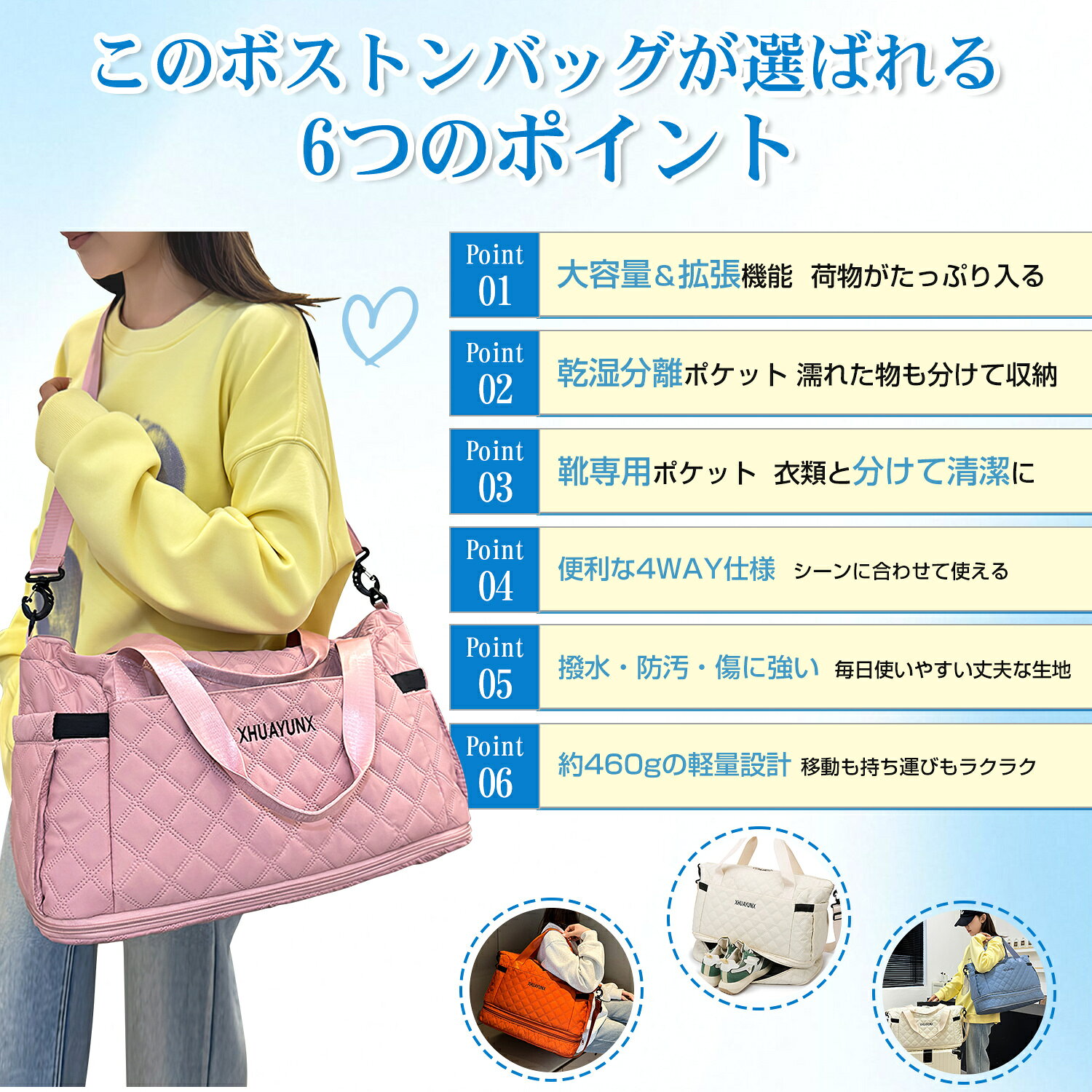 拡張可能 ボストンバッグ 40L 大容量 4WAY レディース メンズ 7ポケット シューズ収納 乾湿分離 キャリーオン対応 リュック 旅行バッグ スポーツバッグ 軽量 撥水 機内持ち込み対応 2泊 3泊 修学旅行 林間学校 部活 合宿 送料無料 tact-up-10001058 タクトアップ サンプル画像3