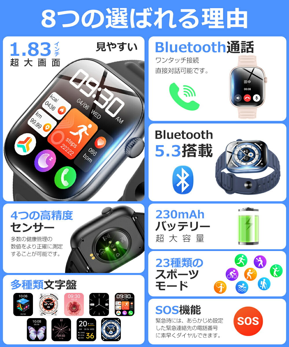 スマートウォッチ レディース メンズ Bluetooth通話 1.83インチ大画面 血中酸素 心拍 歩数 カロリー 健康管理 スマートブレスレット 着信通知 IP67防水 リストバンド 腕時計 睡眠 Siri 生理周期 女性健康 音楽再生 大容量バッテリー iPhone Android ギフト QS12 送料無料 - Image 3