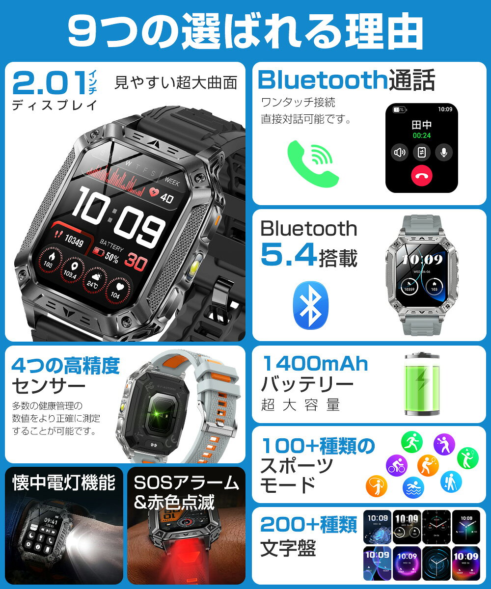 スマートウォッチ メンズ Bluetooth通話 2.01インチ 1400mAh大容量バッテリー 血中酸素 心拍 歩数 カロリー 健康管理 スマートブレスレット 着信通知 IP68防水 リストバンド 腕時計 睡眠 Siri SOSアラーム 音楽再生 懐中電灯 耐衝撃 iPhone Android ギフト SW01 送料無料 - Image 3