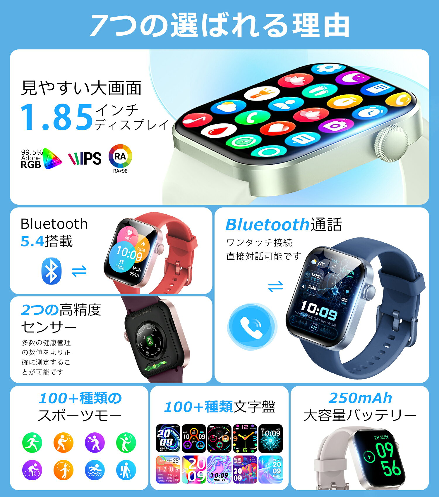 タクトアップのスマートウォッチ レディース メンズ Bluetooth通話 1.85インチ 血中酸素 心拍数 歩数 カロリー 睡眠 健康管理 着信通知 IP68防水 音楽再生 Siri対応 生理周期管理 懐中電灯 タイマー 長持ちバッテリー 耐衝撃 iPhone Android対応 ギフト DM60 送料無料｜アングル3