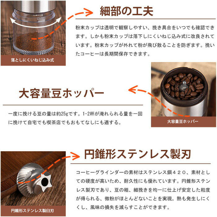 コーヒーミル 電動 ステンレス臼 充電式 電動コーヒーミル コードレス 電動ミル 粒度調整 臼式 金属刃 均一な粉末 水洗い可能 コーヒーグラインダー こーひーみる コーヒー豆 ひき機 豆挽き/緑茶/山椒/お米/調味料/穀物 一台多役 掃除ブラシ付き