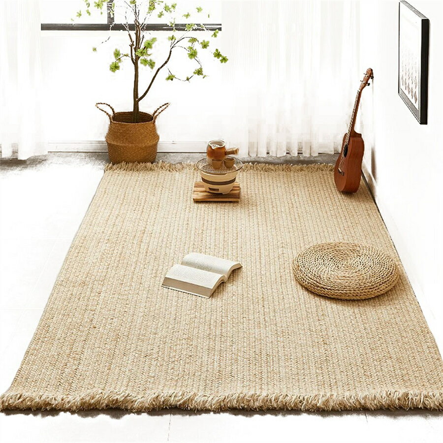 白麻編みリビングカーペット寝室侘び寂び風ベッドサイドカーペットモダンソファティーテーブル書斎マット農家の装飾防音 お掃除 簡単 手織り 天然糸 素朴なヴィンテージ編みリバーシブルラグ 環境に優しい90*150cm