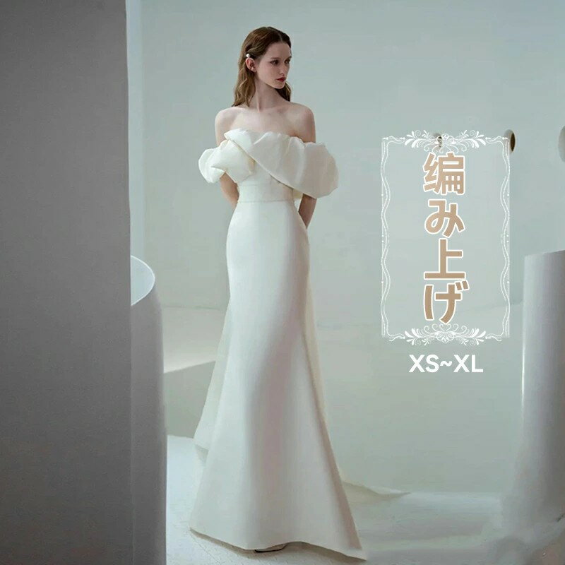 ホワイト オフショルダー ウェディングドレス Aライン ロングドレス ウェディングドレス トレーン レース 素地 s〜xl Wedding Dress お花嫁 結婚式 旅行撮影演出 レディースウェディングドレス ファスナー フリル付き ボタン飾り