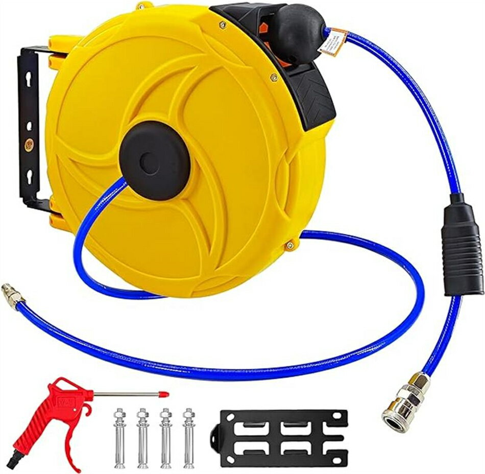 エアーホースリール 15m 自動巻取式 エアホースリール 自動巻き上げ 壁掛け 吊り下げ 天吊可能 180°回転可能 持ち運び使える ホースリール 伸縮式スプリング エアホース 外径φ10mm×内径6.5mm 最高使用圧力15kgf/c 空気圧工具 ブラ