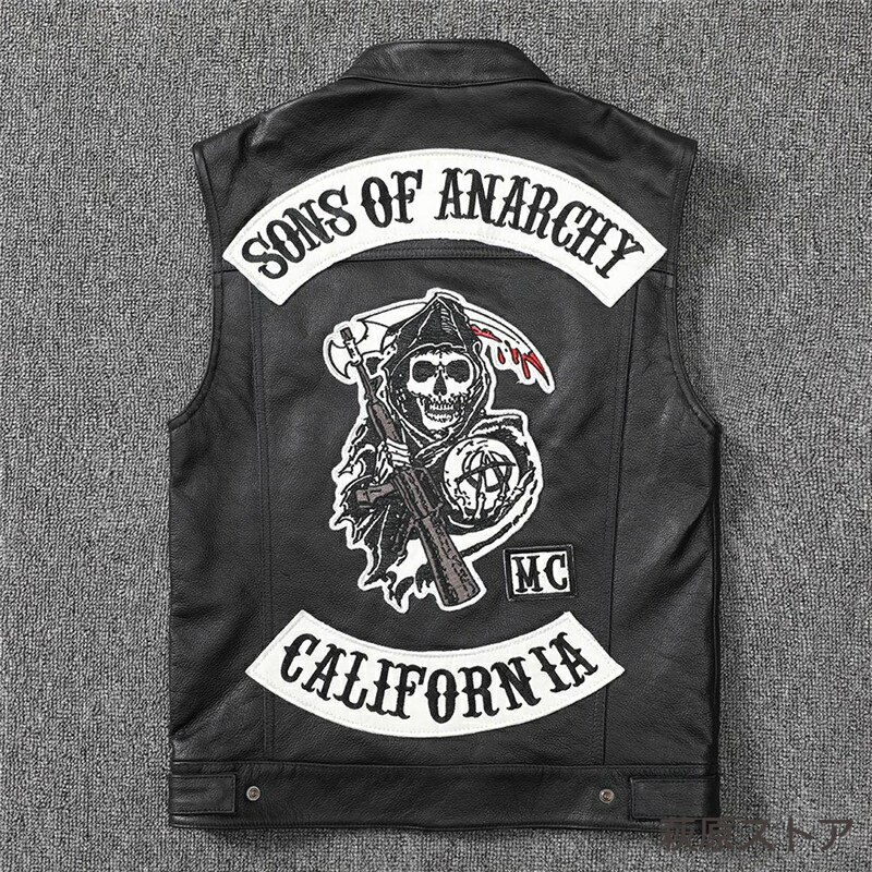 本革ベスト 本革 ベスト 牛革ベスト バイク用ベスト レザーベスト バイク革ベスト 髑髏柄 メンズ ライダースベスト