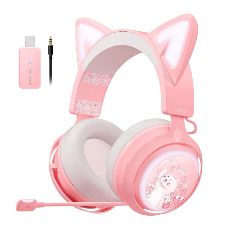 Rakuten - ゲーミングヘッドセット 猫耳ヘッドホン ワイヤレスヘッドセット オーバーイヤーヘッドホン マイク付き 50mm ドライバー LEDランプ 重低音強化 GS5102.4Gプレゼント ギフト