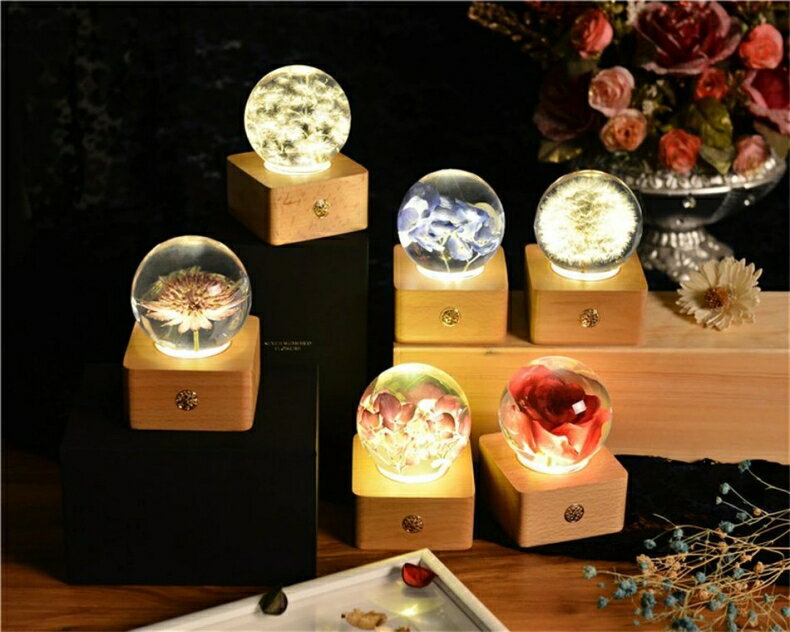 花ボール 生花ライト クリスタルボール ガラス玉 ナイトライト LED USB充電 6.5cm...