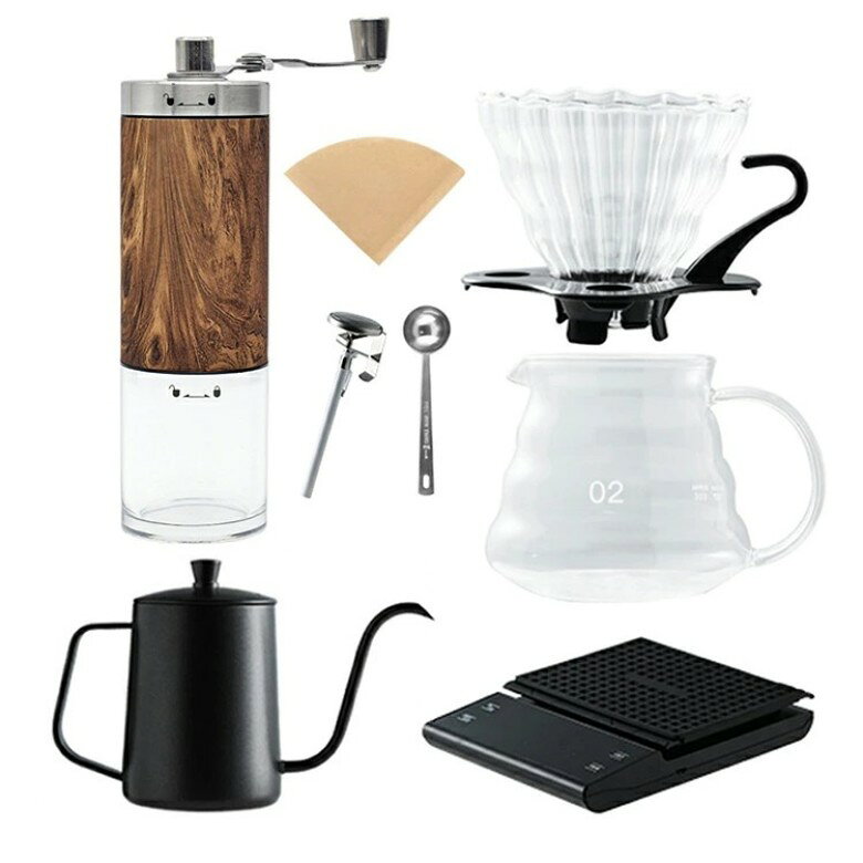 タクトストアのコーヒー用品セット コーヒードリップセット コーヒーミルセット 手挽きコーヒーミル 小型 コーヒーグラインダー 折り畳み式ハンド フィルター コーヒードリッパーポット付き 温度計 家庭用 手挽き 省力性 コーヒー用品 8点セット プレゼント｜アングル2
