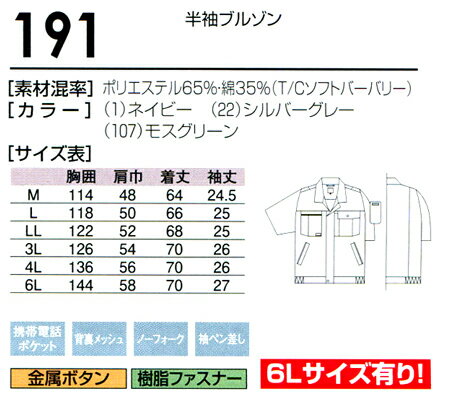 作業服 桑和 半袖ブルゾン 191 メンズ 春夏用 作業着 単品(上下セットUP対応) M〜6L