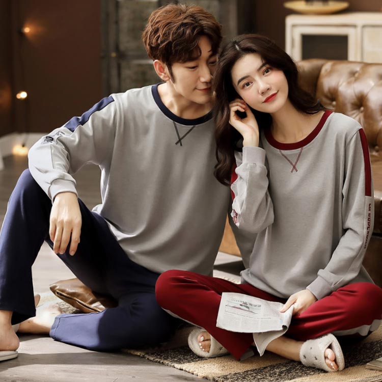 ルームウェア ラウンドネック ポケット付き 長袖 配色 秋 メンズ レディース パジャマ 上下セット ウェストゴム 部屋着 セットアップ ロゴ入り お揃い プレゼント 薄手 レッド ネイビー 春 ペアパジャマ