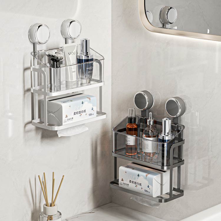 浴室 バスケット 棚 バスルームラック 壁掛け 吸盤式 収納 バスラック 浴室 浴室収納 壁面収納 かご ティッシュケース 浮かせる 小物 シャンプーボトル おしゃれ クリア 透明 バス雑貨 [2]