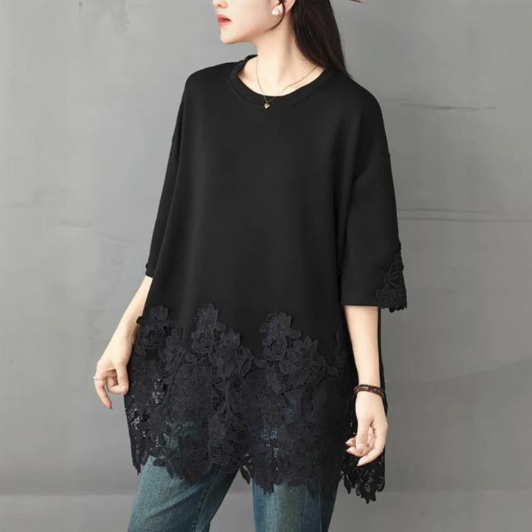 Tシャツ レース トップス レディース 大きいサイズ 五分袖 切り替え チュニック T...