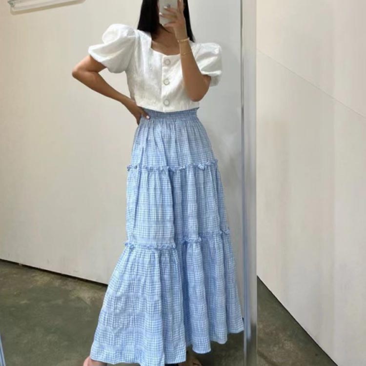 大人 ティアードスカート チェック柄 ロング丈 Aライン ウェストゴム ボトムス ワッシャー加工 マキシスカート 夏 きれいめ デイリー フリーサイズ 春 スカート