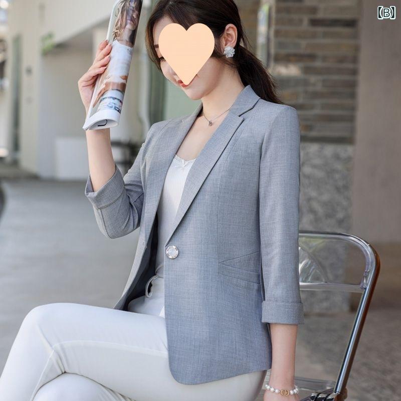 暮らしのお手伝いのジャケット レディース 七分袖 テーラードジャケット アウター 羽織り ショート丈 無地 春秋用 きれいめ おしゃれ シンプル 大人かわいい 通勤 オフィス カジュアル 着痩せ 細見え 体系カバー プラスサイズ ゆったり お腹周り 二の腕カバー 体型カバ｜アングル2