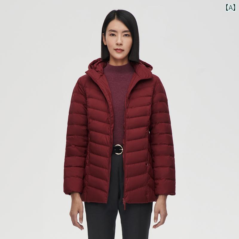 女性 プラスサイズ ダウンジャケット 冬 ショート フード付き 軽い スリムフィット 暖かい ジッパー レッド グリーン ブルー