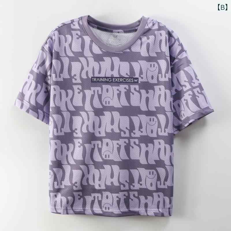 暮らしのお手伝いの女性 スウェットシャツ 半袖 Tシャツ ラウンドネック 速乾 通気性 夏 プルオーバー スポーツ 青 紫｜アングル2