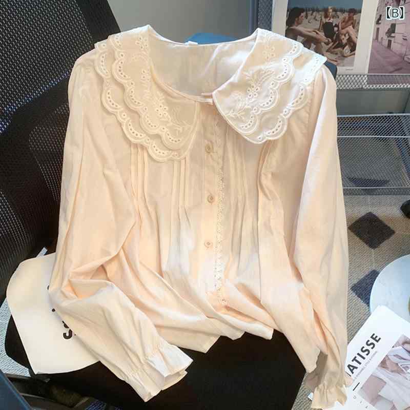 暮らしのお手伝いのブラウス レディース トップス 長袖 秋物 長袖シャツ 付け襟 レース 娃娃領 襟付き かわいい フェミニン ガーリー ゆったり 体型カバー 着痩せ 大きいサイズ プラスサイズ 通勤 通学 お出かけ 普段使い カジュアル きれいめ おしゃれ 清楚系 上品｜アングル2