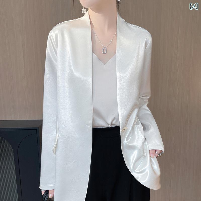 テーラードジャケット レディース アウター 上着 羽織り ライトアウター トップス 長袖 オフィス 通勤服 ビジネス カジュアル ゆったり 体型カバー 着痩せ お腹周り 二の腕カバー 大きいサイズ プラスサイズ 高級感 醋酸 サテン調 光沢感 襟付き 一