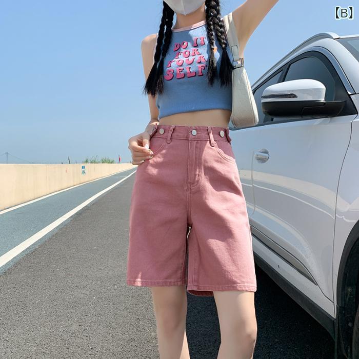 女性 レディース ボトムス 夏 ハイウエスト スリム ゆったり カジュアル シンプル おしゃれ かわいい パープル ピンク ブルー