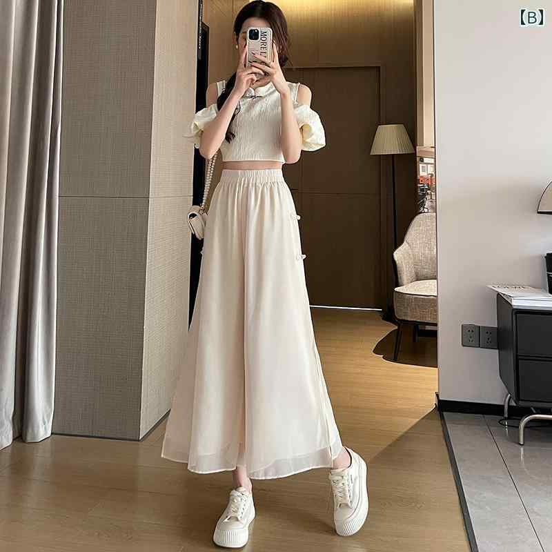 シフォンパンツ クール レディース 女性用 2024年 ハイウエスト ドレープ ワイドレッグ ストレート カジュアル 日焼け防止 おしゃれ 綺麗 可愛い 冷感 黒 白