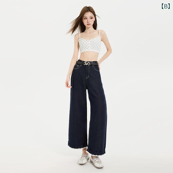 デニムパンツ レディース ブルー 裾ロールアップ レース ワイドパンツ ロングパン...