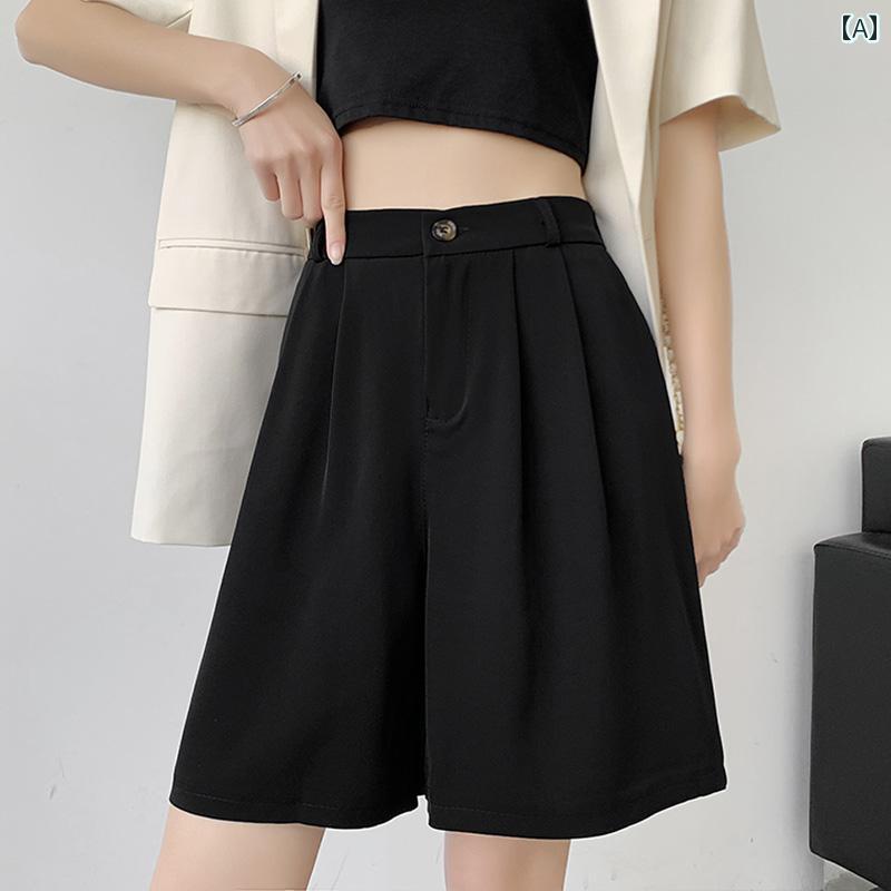 ショートパンツ 女性用 スーツ ショーツ 夏 ガール mm ハイウエスト スリム ストレート ワイド レッグ ミディアム カジュアル おしゃれ 可愛い ブラック