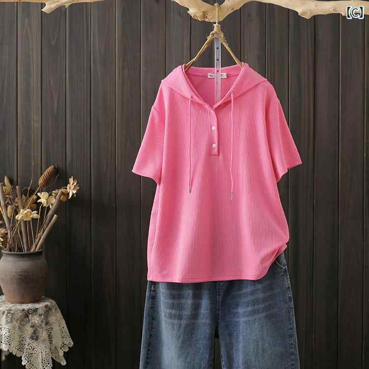 女性 パーカー 夏 大きいサイズ 涼しい シルク ニット フード付き 半袖 Tシャツ 無地 老化防止 トップ 白 黒 ピンク