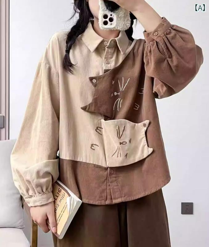 シャツ レディース トップス 長袖 ブラウス コーデュロイ かわいい キャラクター柄 ゆったり ビッグシルエット カジュアル ナチュラル系 レトロ 春秋 日系 体型カバー 着痩せ 体系カバー 大きいサイズ プラスサイズ お腹周り 二の腕カバー 通勤用 普