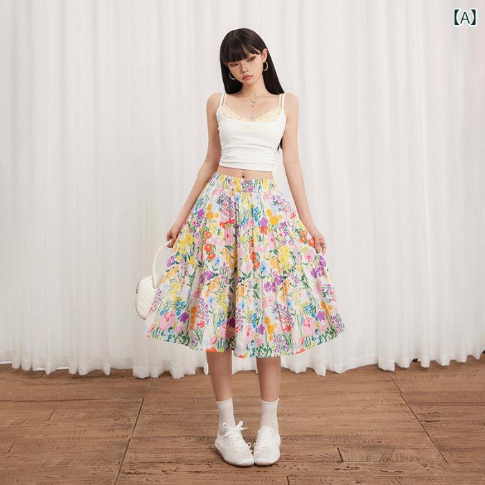 スカート レディース 春夏 レトロ 花柄 ハイウエスト プリーツ Aライン フレア ミモレ丈 ロング丈 ゆったり 大きいサイズ 体型カバー 着痩せ お腹周り 細見え ウエストゴム カジュアル フェミニン 大人かわいい 上品 きれいめ 通勤用 普段使い 柔