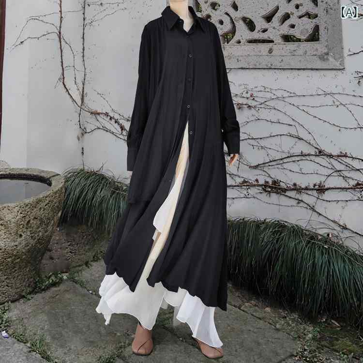 ワンピース レディース 春物 綿麻 シャツワンピ 長袖 ロング丈 レトロ 慵懶風 ゆったり 大きいサイズ 体型カバー 着痩せ お腹周りカバー 二の腕カバー ナチュラル 無地 通気性 吸湿速乾 普段使い 通勤用 カジュアル シンプル 高級感 上品 大人かわ