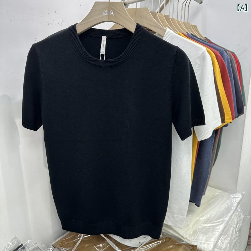 メンズ半袖ニット 2024年 男性用 新 秋 プルオーバー セーター スリム おしゃれ 綺麗 カジュアル ラウンドネック キャメル グリーン ホワイト