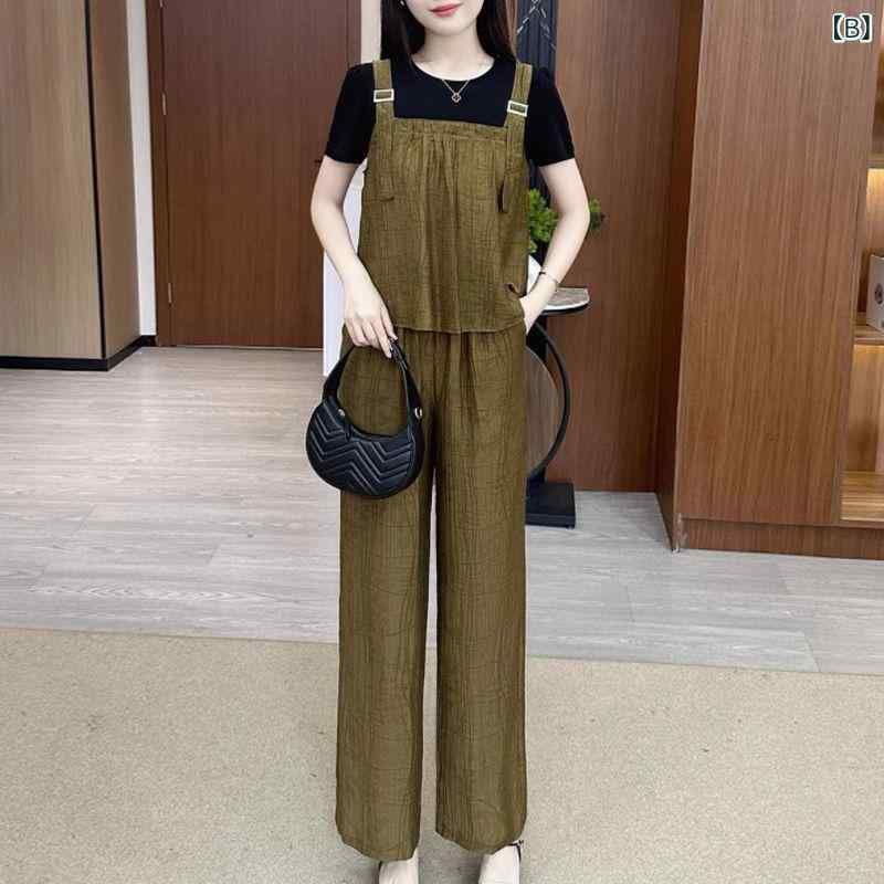 暮らしのお手伝いのセットアップ レディース トップス パンツ 2点セット ゆったり 假ツーピース風 キャミソール 重ね着風 ブラウス 闊脚パンツ ワイドパンツ スカンツ 体型カバー 着痩せ 細見え プラスサイズ 大きいサイズ 伸縮性 通気性 カジュアル きれいめ おしゃれ｜アングル2