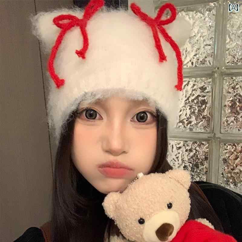 猫耳帽子 かわいい ぬいぐるみ ニット 秋冬 暖かい 保護 ハット キャップ カジュアル おしゃれ 女性用 レディース ホワイト レッド ブラック