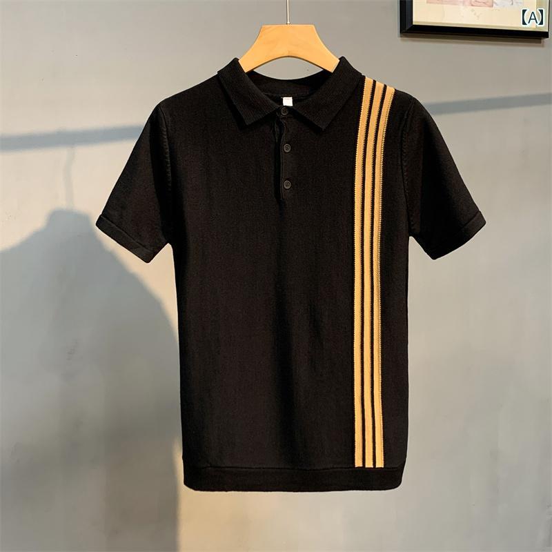 メンズ半袖ニット 2024年 男性用 新 秋 プルオーバー セーター スリム おしゃれ 綺麗 カジュアル ポロシャツ 黒 グレー