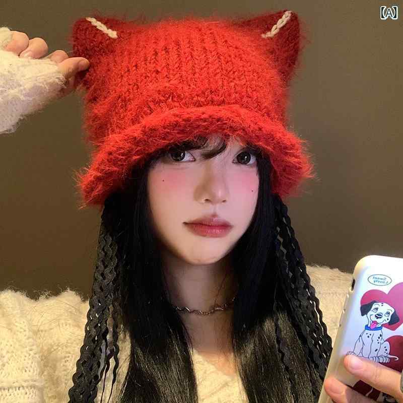 猫耳帽子 かわいい ぬいぐるみ ニット 秋冬 暖かい 保護 ハット キャップ カジュアル おしゃれ 女性用 レディース ホワイト レッド ブラック(4.0)