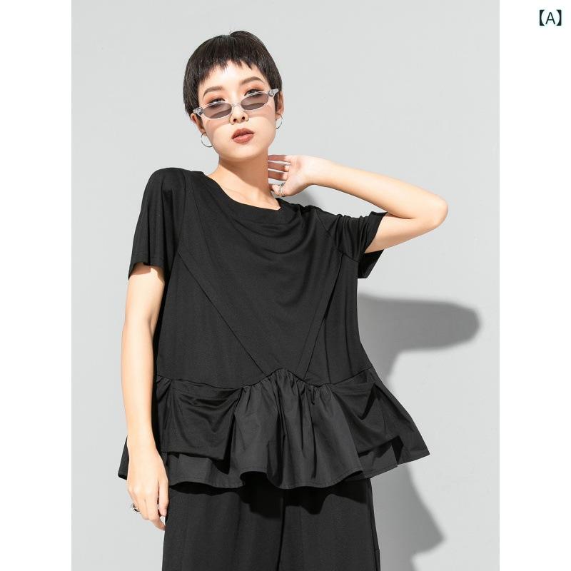 Tシャツ レディース 半袖 トップス カットソー アシンメトリー 切り替え デザイン 裾不規則 ゆったり ビッグシルエット 大きいサイズ 体型カバー 着痩せ お腹周り 二の腕カバー ポケット付き 無地 カジュアル ナチュラル 伸縮性 吸湿速乾 通気性 柔