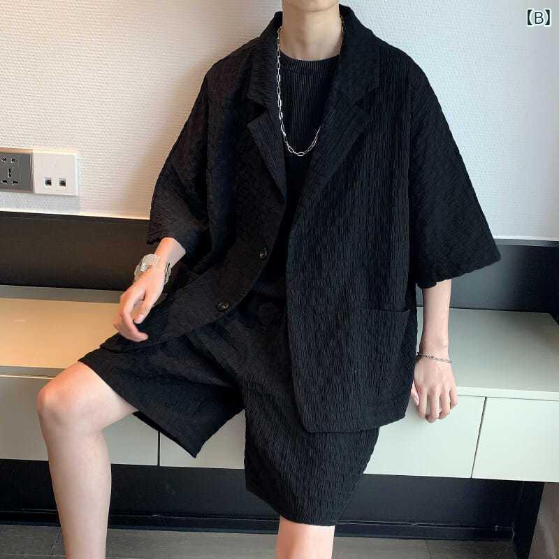 暮らしのお手伝いのセットアップ メンズ 男性用 スーツ 上下セット ショートパンツ ハーフパンツ 五分袖 半袖 テーラードジャケット ジャケット ブレザー チェック柄 薄手 軽量 接触冷感 ゆったり 大きいサイズ プラスサイズ 体型カバー お腹周り 細見え 着痩せ 普段使｜アングル2