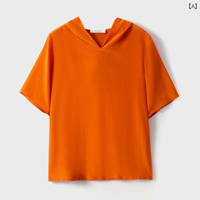 女性 パーカー フード付き 感 半袖 トップ マルベリー シルク Tシャツ 夏 オレンジ 青 ベージュ