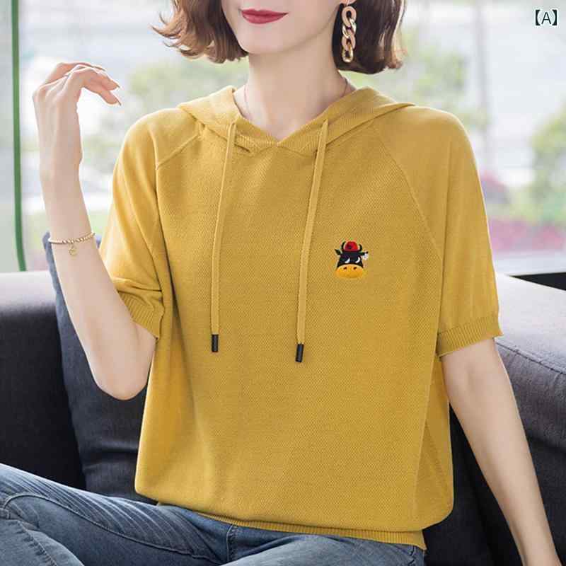 女性 パーカー 母 夏 半袖 ニット ウェア ショート ゆ