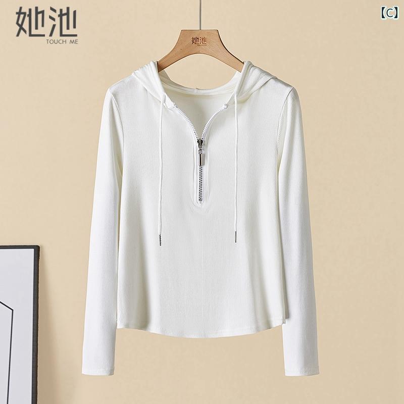 女性 パーカー フード付き シャツ 春 シンプル カジュアル スリム 長袖 プルオーバー トップ グレー 黒 白
