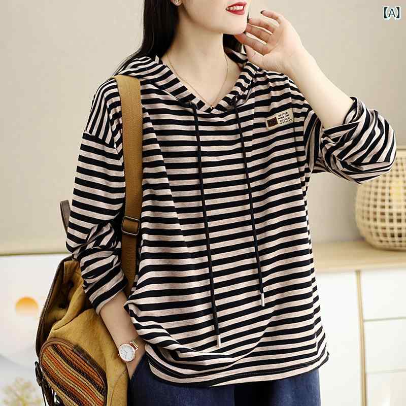 女性 パーカー 春 レトロ フード付き Tシャツ 薄手 長袖 トップ ゆったり ストライプ ラグランスリーブ..