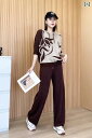 女性 パーカー 洋風 母 初秋 スーツ ゆったり フード付き バット シャツ 七分袖 ニット 涼しい シルク 2点セット ブラウン 緑