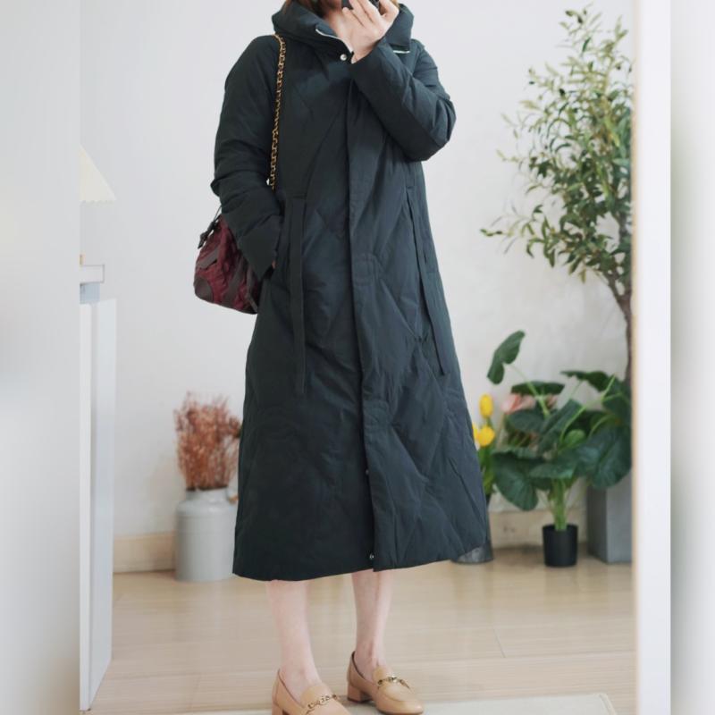 レディース ダウンジャケット 冬 定番 フード付き ロング ビジネス 暖かい ホワイトダック ジッパー ブラック