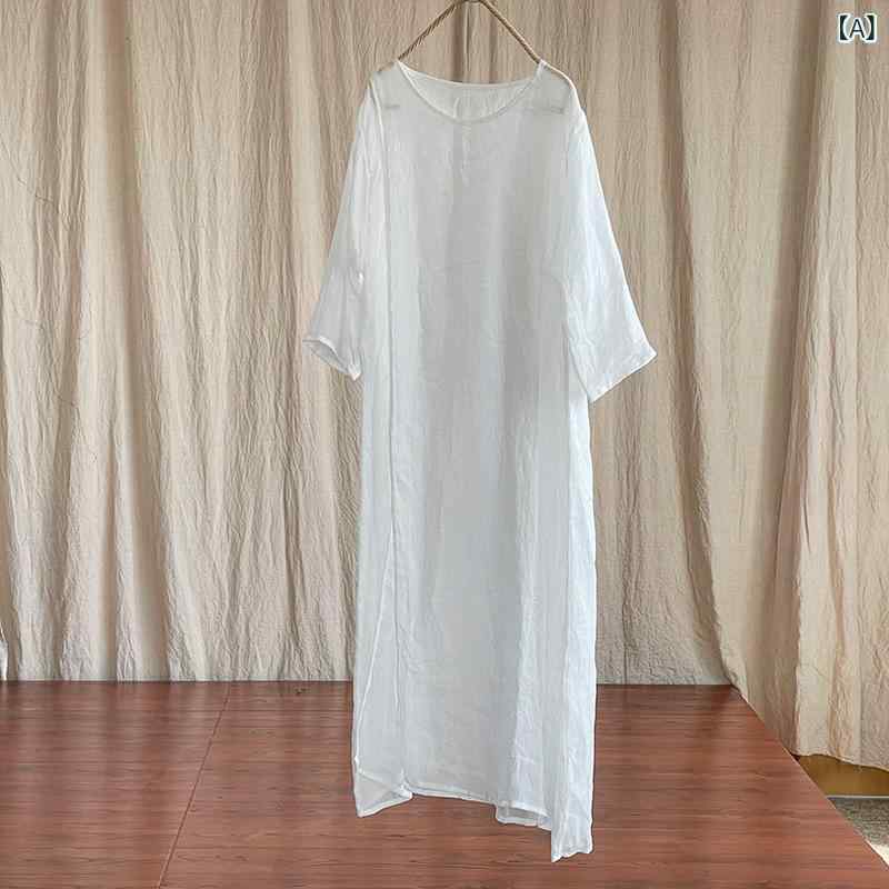 ワンピース レディース ロング丈 綿麻 チャイナドレス風 チャイナ風服 仙気 禅意 オリジナル 文芸風 ゆったり ビッグシルエット ミモレ丈 マキシ丈 ナチュラル 爽やか 涼しい 通気性 軽量 吸湿速乾 伸縮性 切り替え シンプル 無地 カジュアル 普段