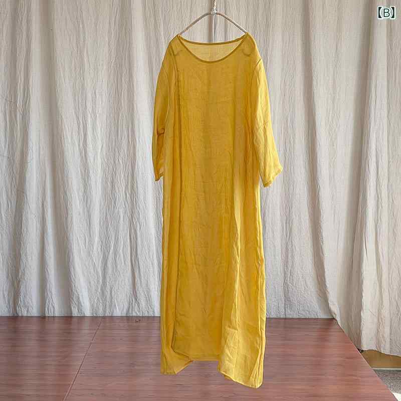 暮らしのお手伝いのワンピース レディース ロング丈 綿麻 チャイナドレス風 チャイナ風服 仙気 禅意 オリジナル 文芸風 ゆったり ビッグシルエット ミモレ丈 マキシ丈 ナチュラル 爽やか 涼しい 通気性 軽量 吸湿速乾 伸縮性 切り替え シンプル 無地 カジュアル 普段｜アングル2