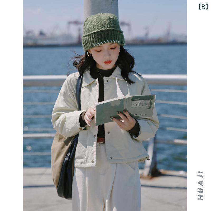 キルティングジャケット シングル ポケット コットン カジュアル 襟 ショート レディース 秋 トップス ベージュ