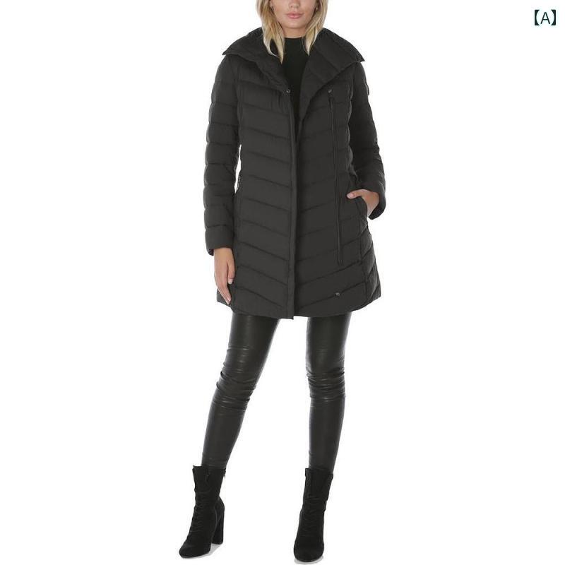 レディース ダウンジャケット アメリカ 非対称 キルティング ミドル丈 暖かい 快適 カジュアル ブラック