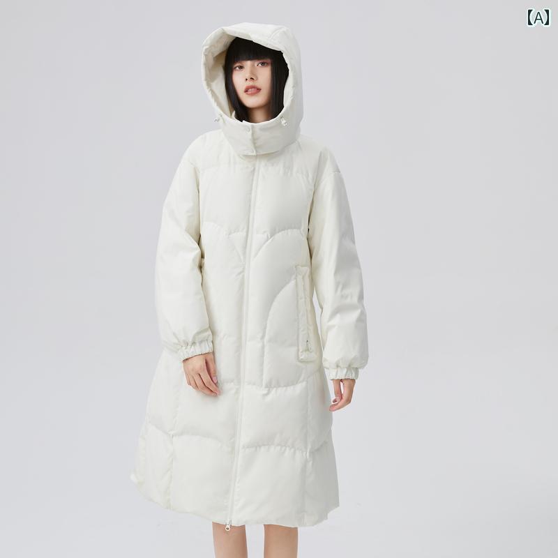 女性 白 ダウンジャケット フード付き 婦人服 ファッション 暖かい ロング 韓国 秋冬 グース 無地 ジッパー レギュラースリーブ 黒(4.0)